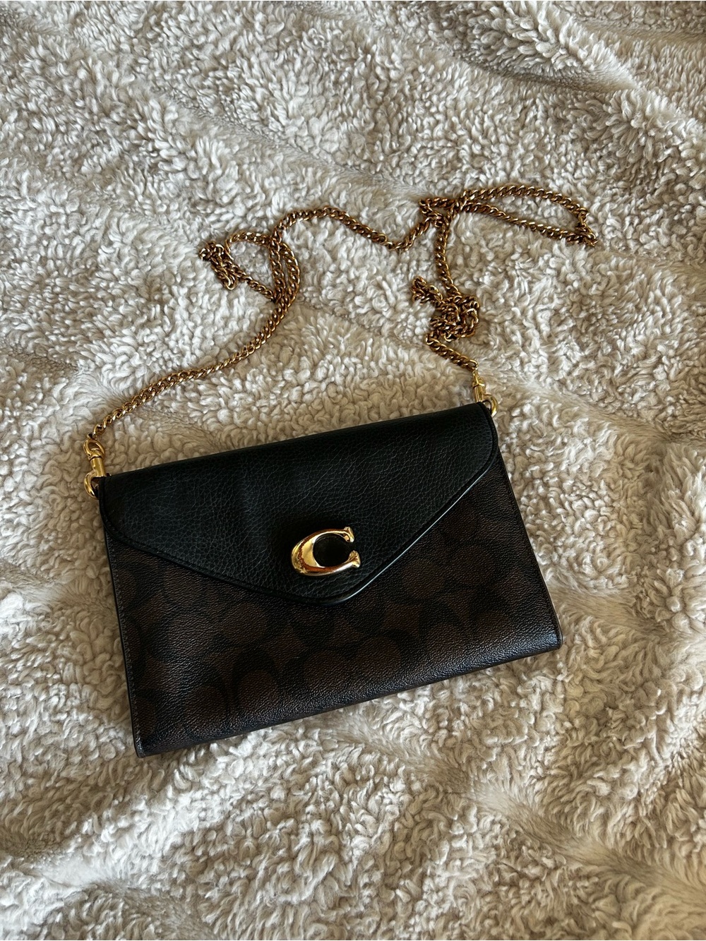 Coach Black and Brown Signature Crossbody WYN bag with removable chain.